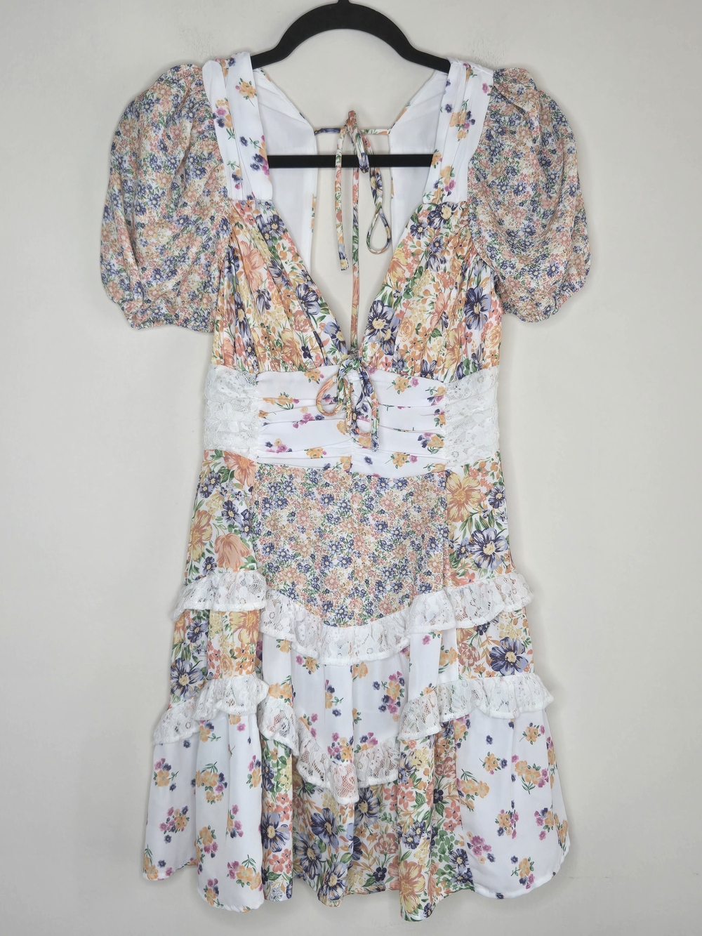 Altar’d State Patchwork Floral Lace Puff Sleeve Cutout Mini Dress S